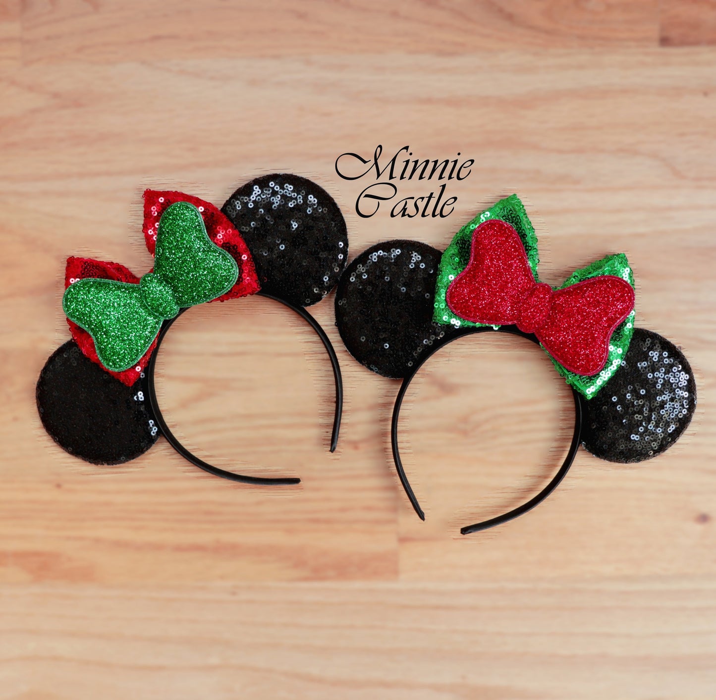 Red and Green Bow Christmas Mickey Ears