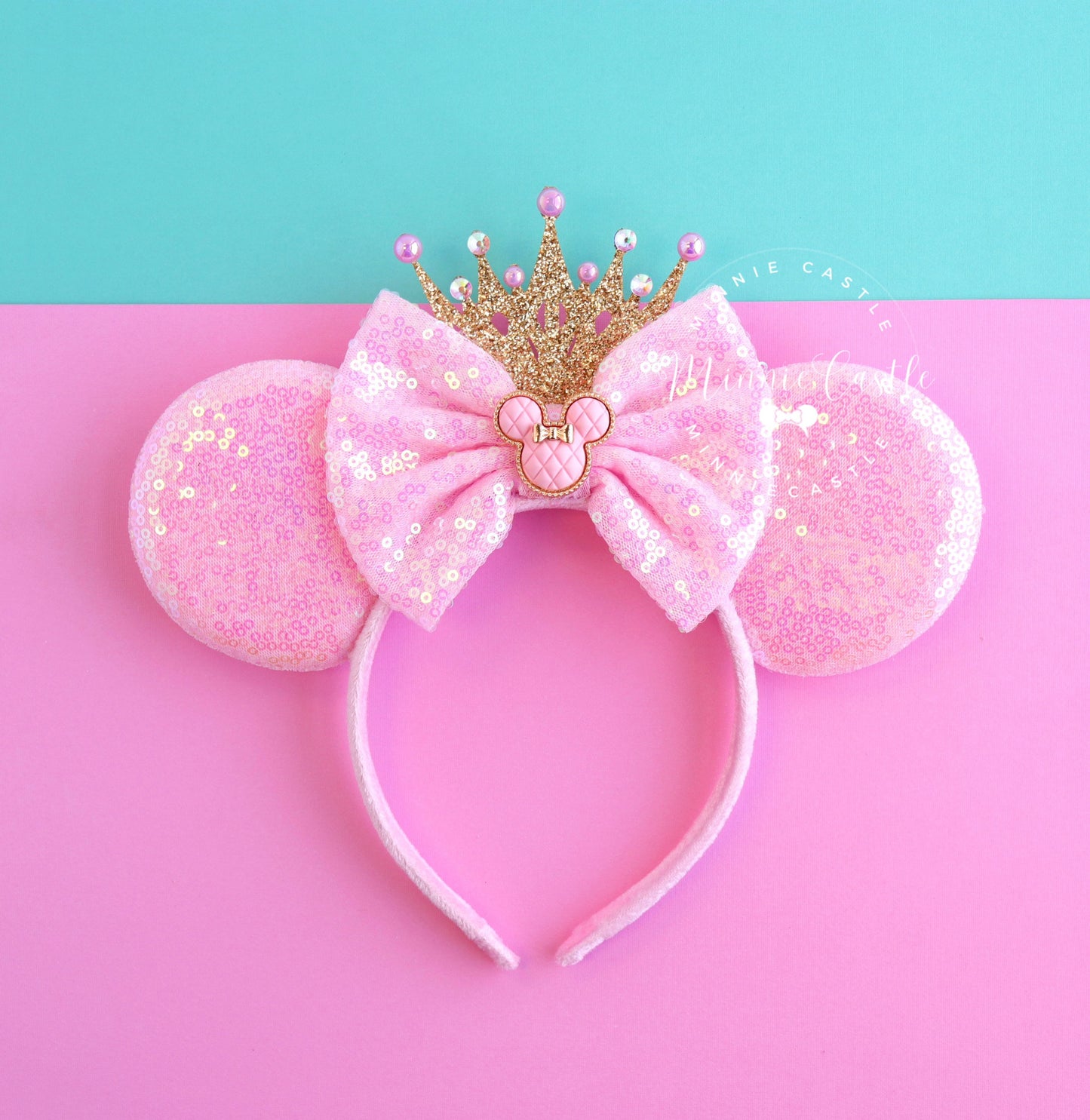 Pink Minnie ears with Gold Crown