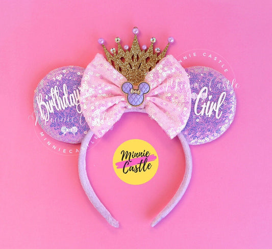 Lilac Pink Birthday ears with Gold Crown